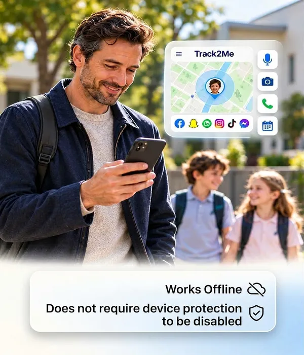 A father checking on his children using the family app on a phone and computer